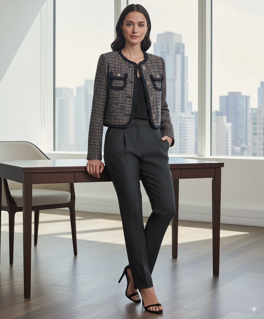 BCBG Women’s Tweed Jacket – Braided-Trim Elegance, Modern Edge