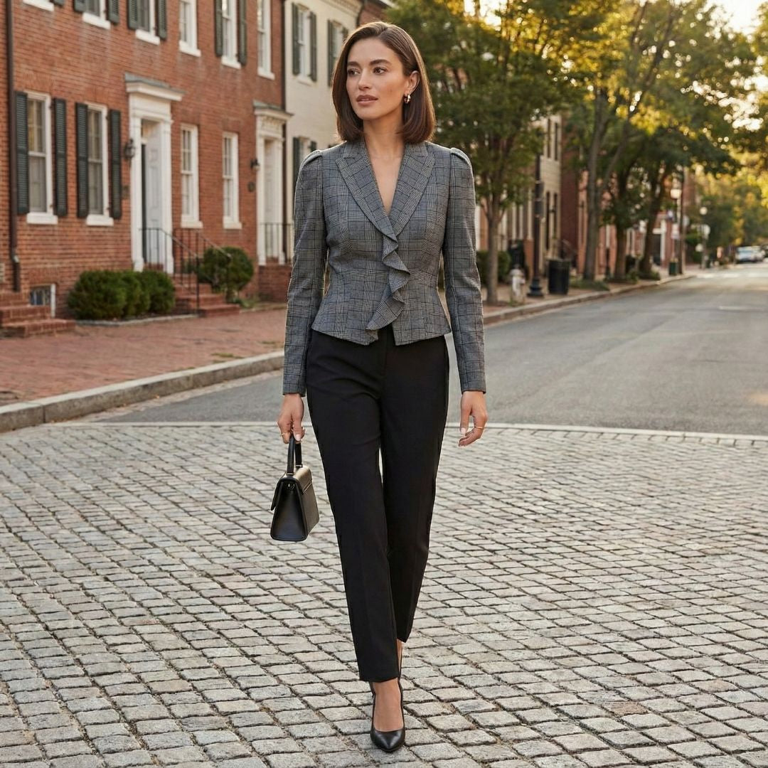 BCBG Plaid Ruffle Jacket – Power, Style, and Effortless Sophistication