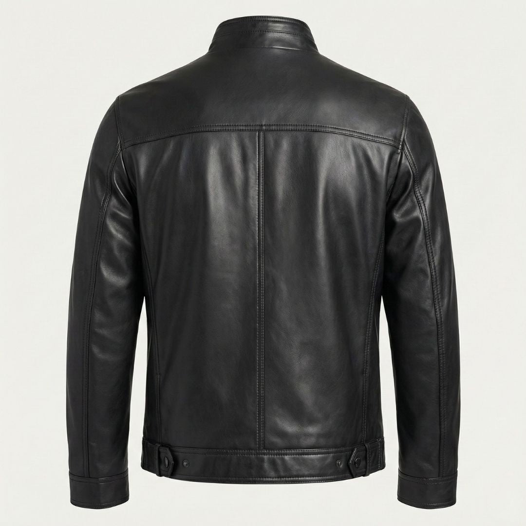 Calvin Klein Men's Faux Leather Moto Jacket Mock Collar with Plaid Lining Black