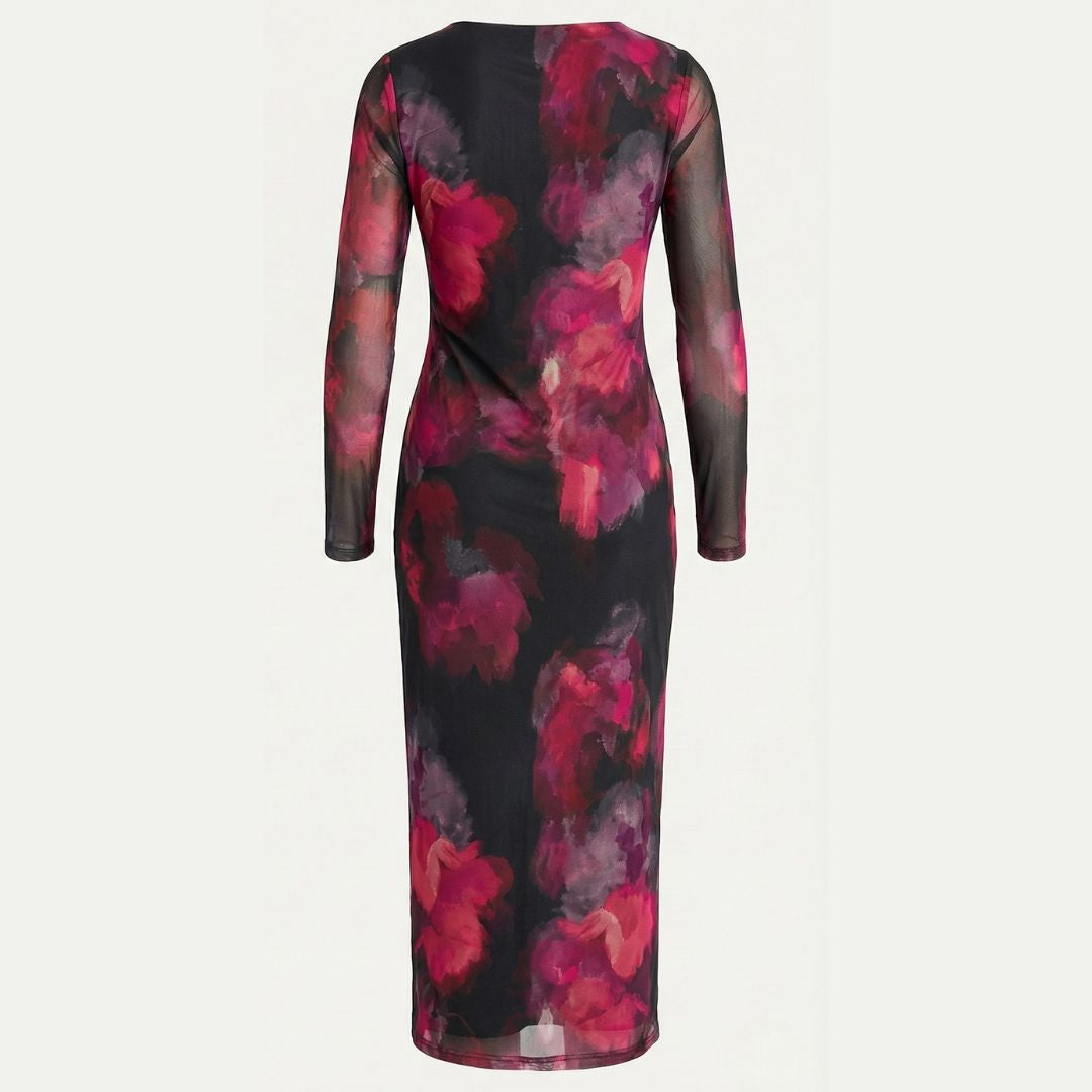 DKNY Women’s Petite Printed Ruched Mesh Maxi Dress – Elegant, Figure-Flattering & Event-Ready