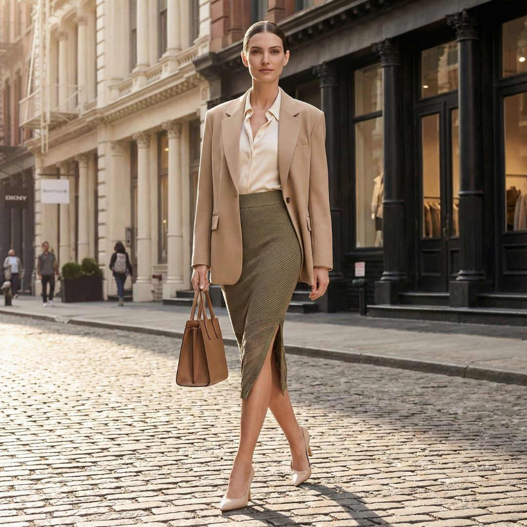 DKNY Ribbed Midi Skirt – Sleek, Sophisticated, and Effortlessly Flattering