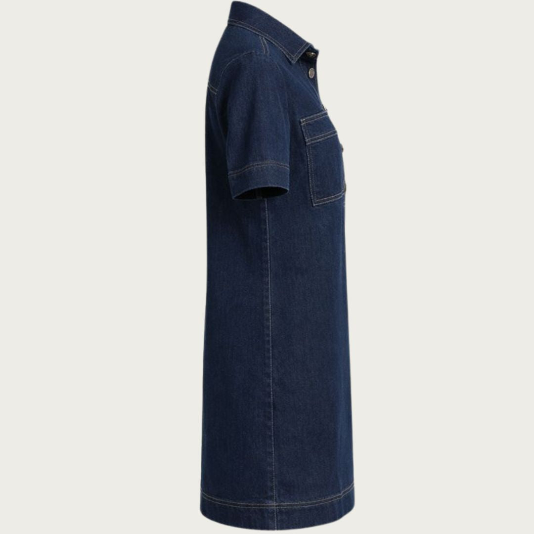 DKNY Women's Denim Mini Shift Dress Short Sleeve Gold Button Detail Black