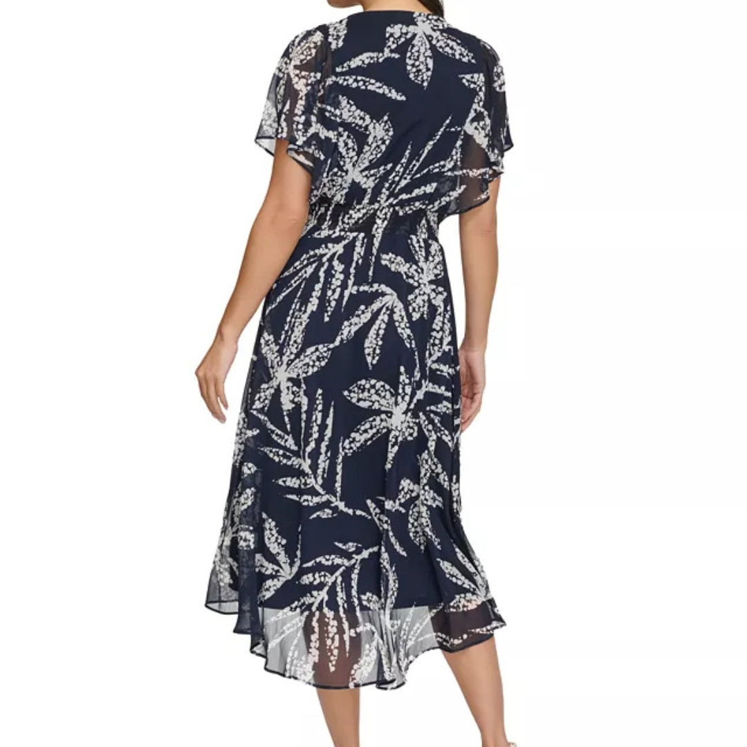 DKNY Women’s Printed Chiffon Flutter-Sleeve Midi Dress – Light, Feminine & Event-Ready