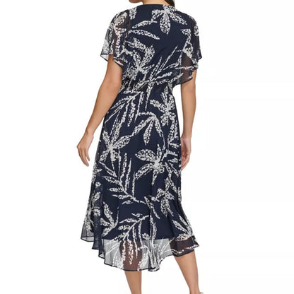 DKNY Women’s Printed Chiffon Flutter-Sleeve Midi Dress – Light, Feminine & Event-Ready