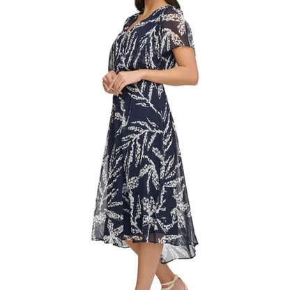 DKNY Women’s Printed Chiffon Flutter-Sleeve Midi Dress – Light, Feminine & Event-Ready