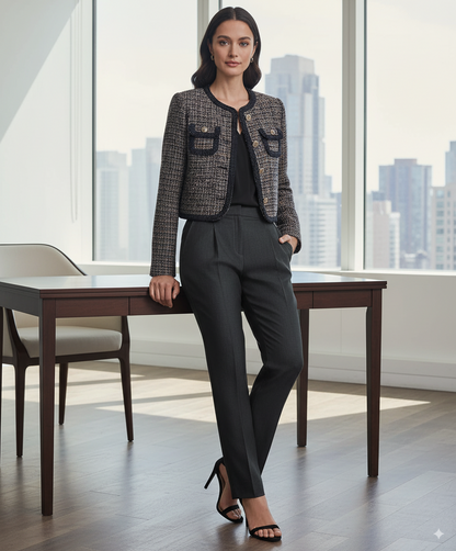 BCBG Women’s Tweed Jacket – Braided-Trim Elegance, Modern Edge