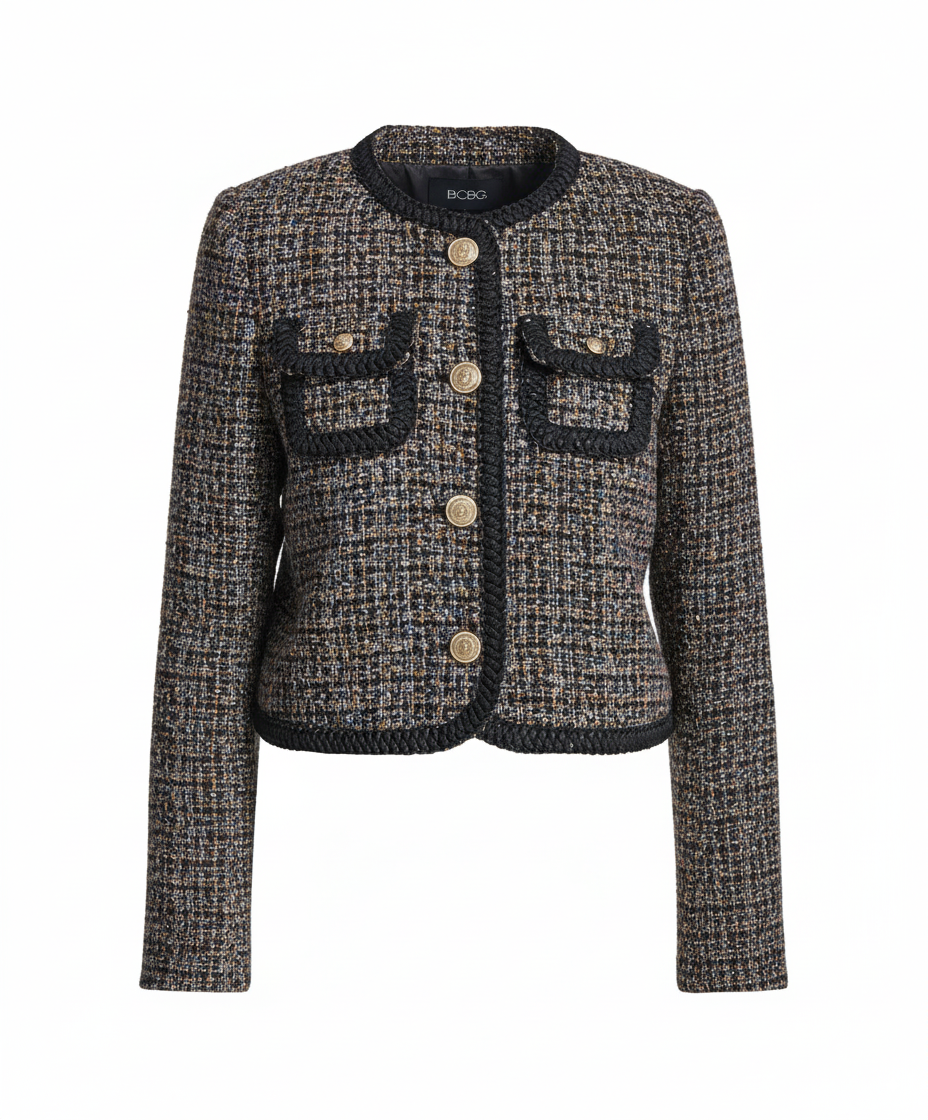 BCBG Women’s Tweed Jacket – Braided-Trim Elegance, Modern Edge