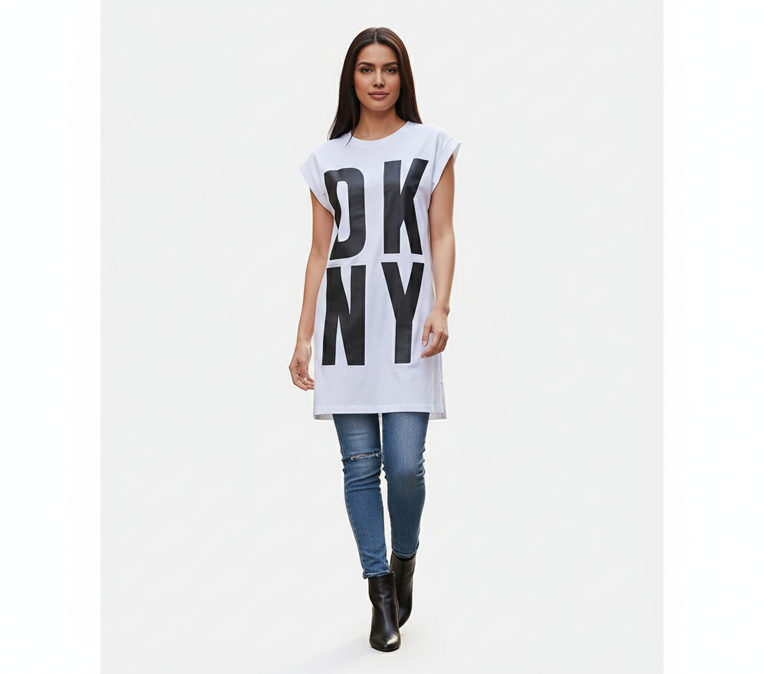DKNY Women’s High-Low Logo Tunic – Bold Graphic, Effortless Flow