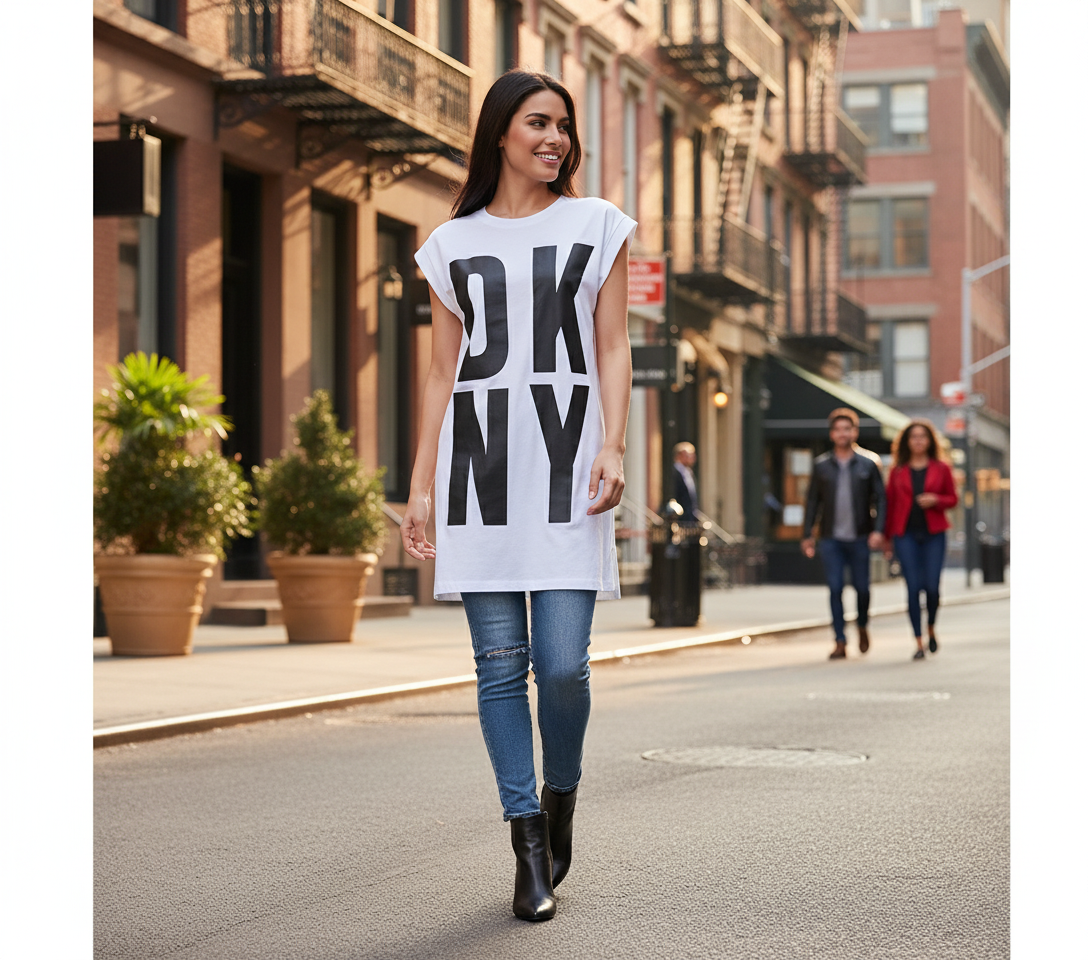DKNY Women’s High-Low Logo Tunic – Bold Graphic, Effortless Flow