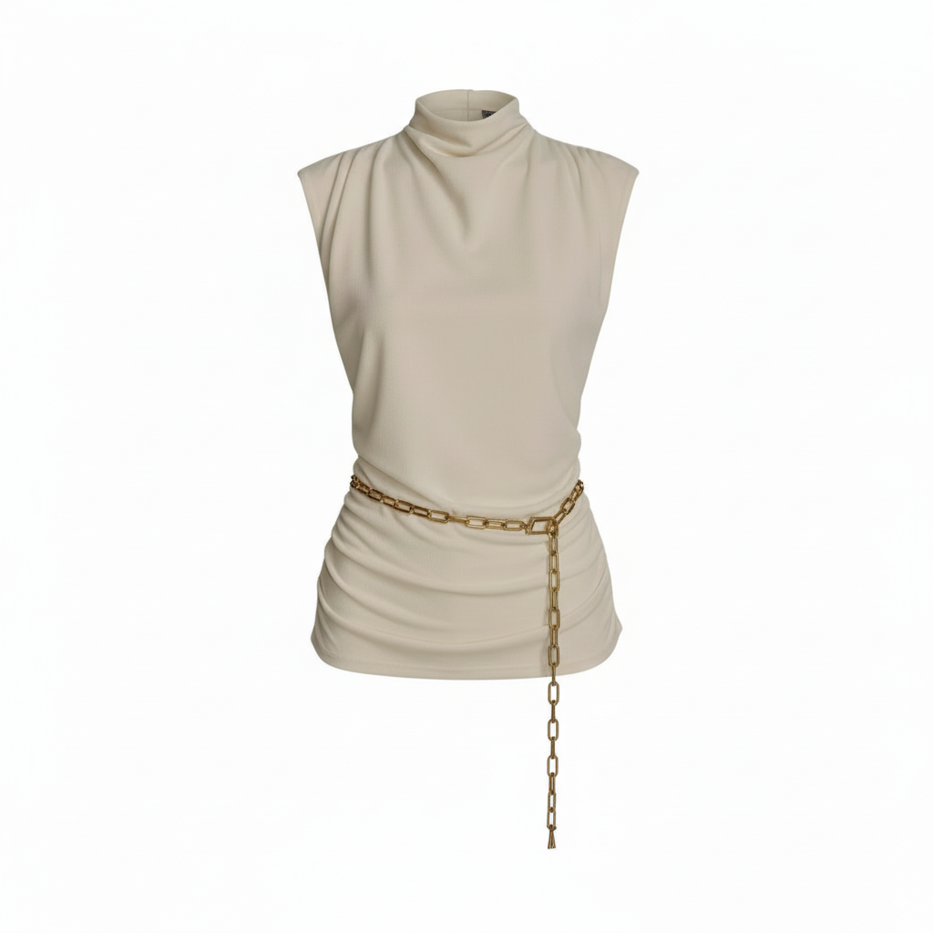 DKNY Mock Neck Top with Chain Belt – Chic Sophistication for Every Occasion