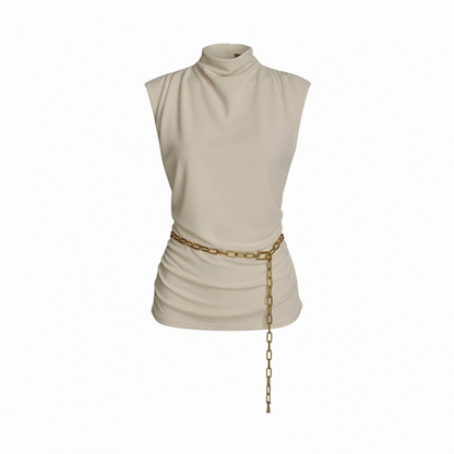DKNY Mock Neck Top with Chain Belt – Chic Sophistication for Every Occasion