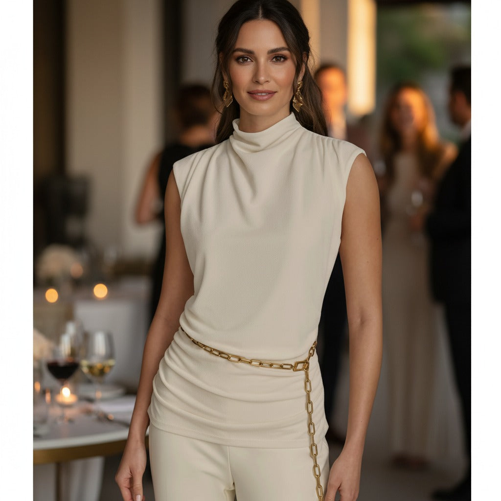 DKNY Mock Neck Top with Chain Belt – Chic Sophistication for Every Occasion