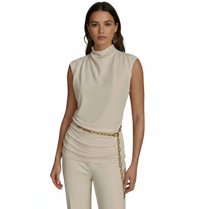 DKNY Mock Neck Top with Chain Belt – Chic Sophistication for Every Occasion