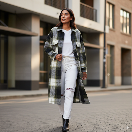 Woman wearing a plaid coat and white pants walking on a city street.