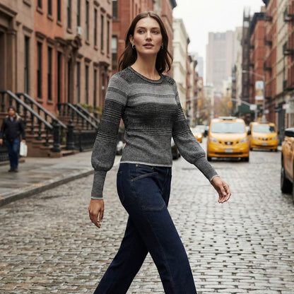 BCBG Balloon-Sleeve Crewneck Sweater – Sculpted Elegance with a Modern Twist