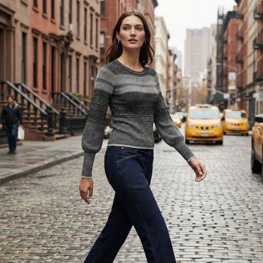 BCBG Balloon-Sleeve Crewneck Sweater – Sculpted Elegance with a Modern Twist