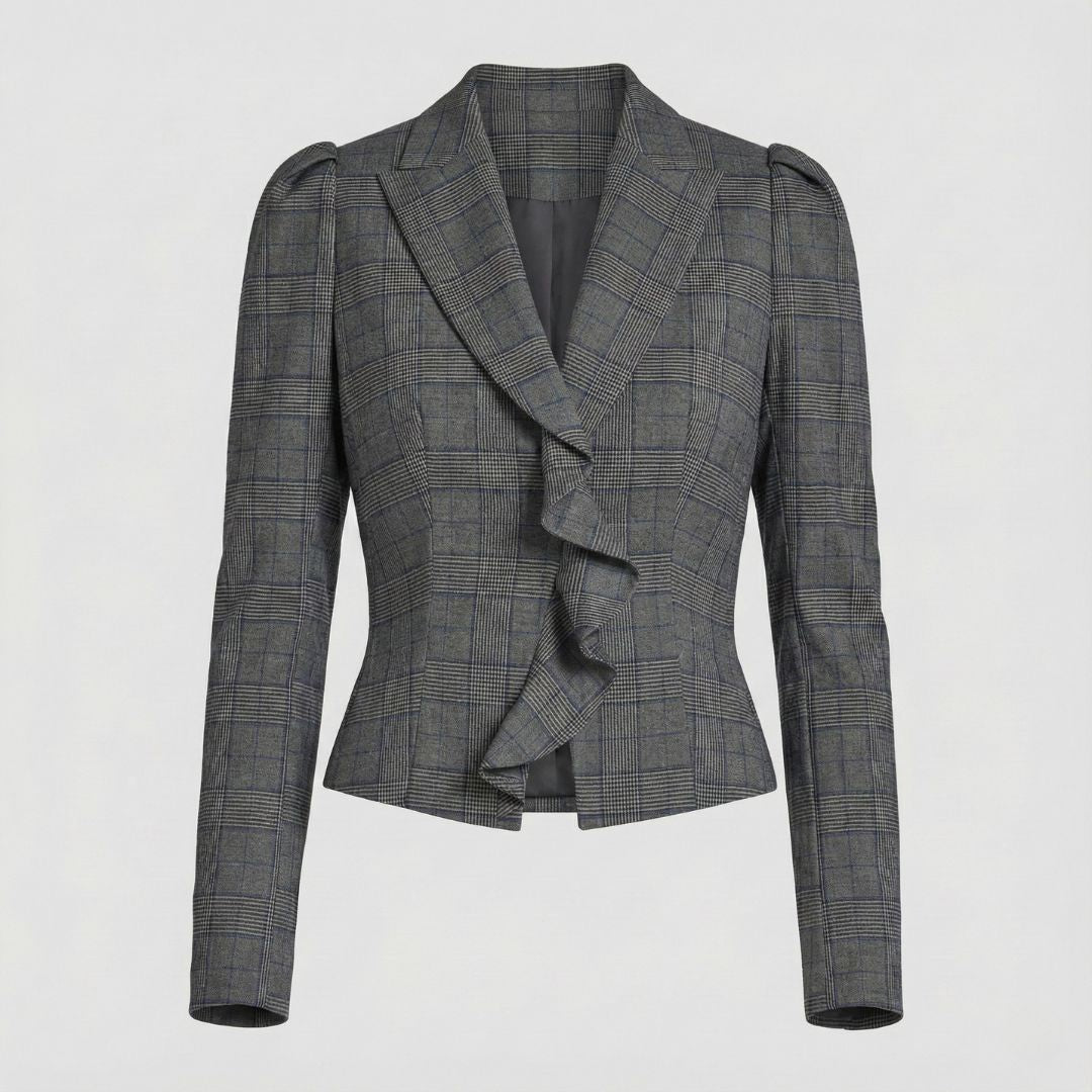 BCBG Plaid Ruffle Jacket – Power, Style, and Effortless Sophistication
