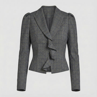 BCBG Plaid Ruffle Jacket – Power, Style, and Effortless Sophistication