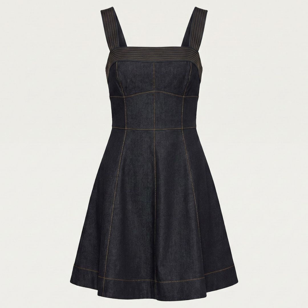 BCBG Square Neck Fit-and-Flare Denim Dress for Women – Stylish Casual Day-to-Night Look