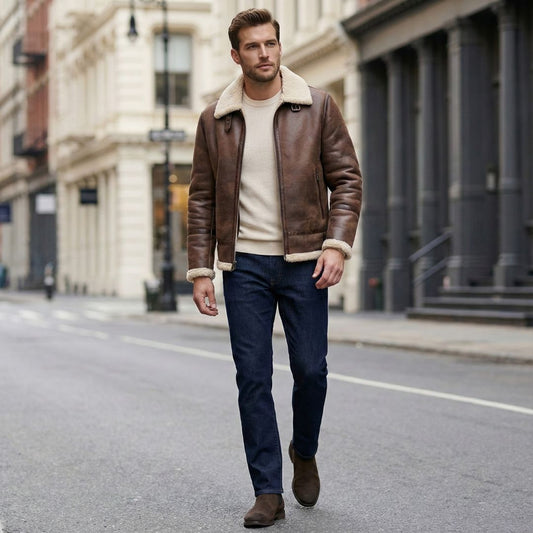 Calvin Klein Men's B-3 Bomber Jacket Faux Leather with Sherpa Shearling & Quilted Lining