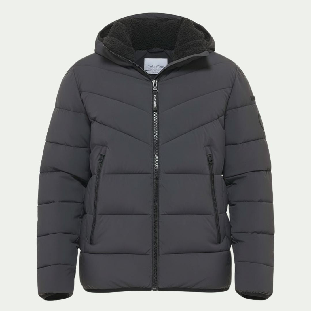 Calvin Klein Men's Chevron Stretch Puffer Jacket Sherpa Lined Hood