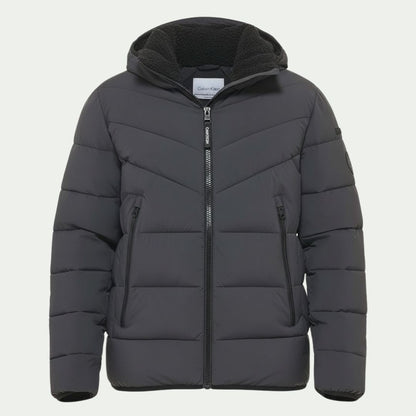 Calvin Klein Men's Chevron Stretch Puffer Jacket Sherpa Lined Hood