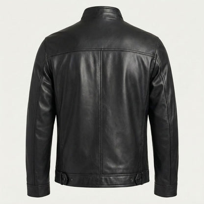 Calvin Klein Men's Faux Leather Moto Jacket Mock Collar with Plaid Lining Black