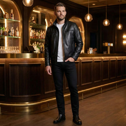 Calvin Klein Men's Faux Leather Moto Jacket Mock Collar with Plaid Lining Black