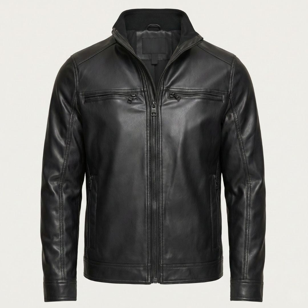 Calvin Klein Men's Faux Leather Moto Jacket Mock Collar with Plaid Lining Black