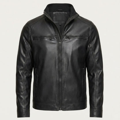 Calvin Klein Men's Faux Leather Moto Jacket Mock Collar with Plaid Lining Black