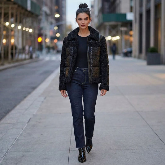 DKNY Women's Mixed Media Jacket Cheetah Print Tech Fabric Faux Leather Trim Black