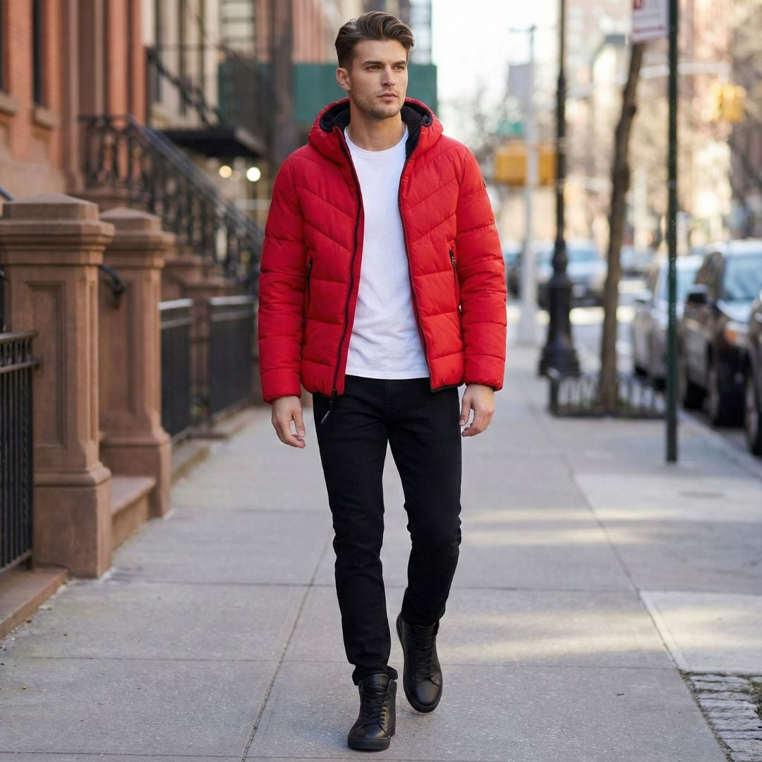 Calvin Klein Men's Chevron Stretch Puffer Jacket Sherpa Lined Hood