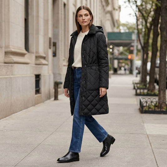 DKNY Women's Quilted Anorak Coat Corduroy Collar Water-Resistant Long  Black