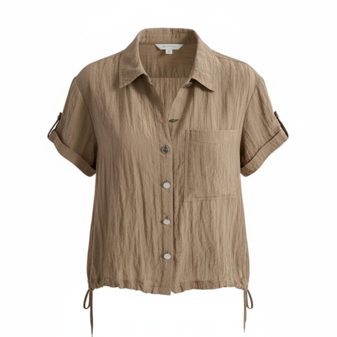 DKNY Women’s Crinkled Button-Front Short Sleeve Shirt – Effortless Texture, Modern Ease