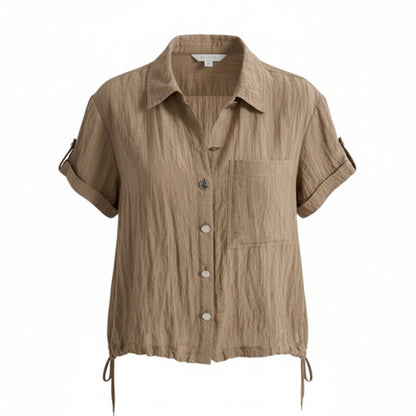 DKNY Women’s Crinkled Button-Front Short Sleeve Shirt – Effortless Texture, Modern Ease