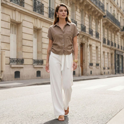 DKNY Women’s Crinkled Button-Front Short Sleeve Shirt – Effortless Texture, Modern Ease