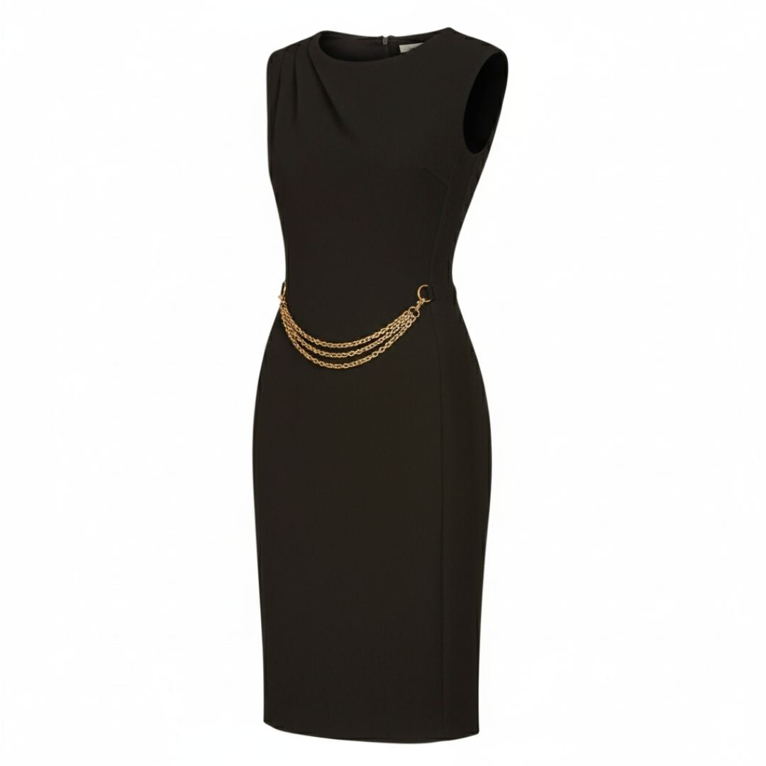 DKNY PLEATED SHOULDER DRESS WITH CHAIN BELT