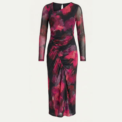 DKNY Women’s Petite Printed Ruched Mesh Maxi Dress – Elegant, Figure-Flattering & Event-Ready