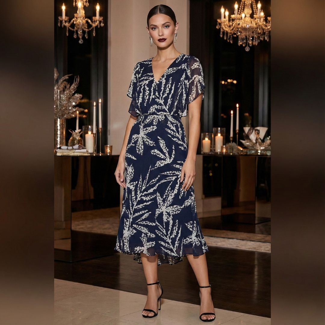 DKNY Women’s Printed Chiffon Flutter-Sleeve Midi Dress – Light, Feminine & Event-Ready