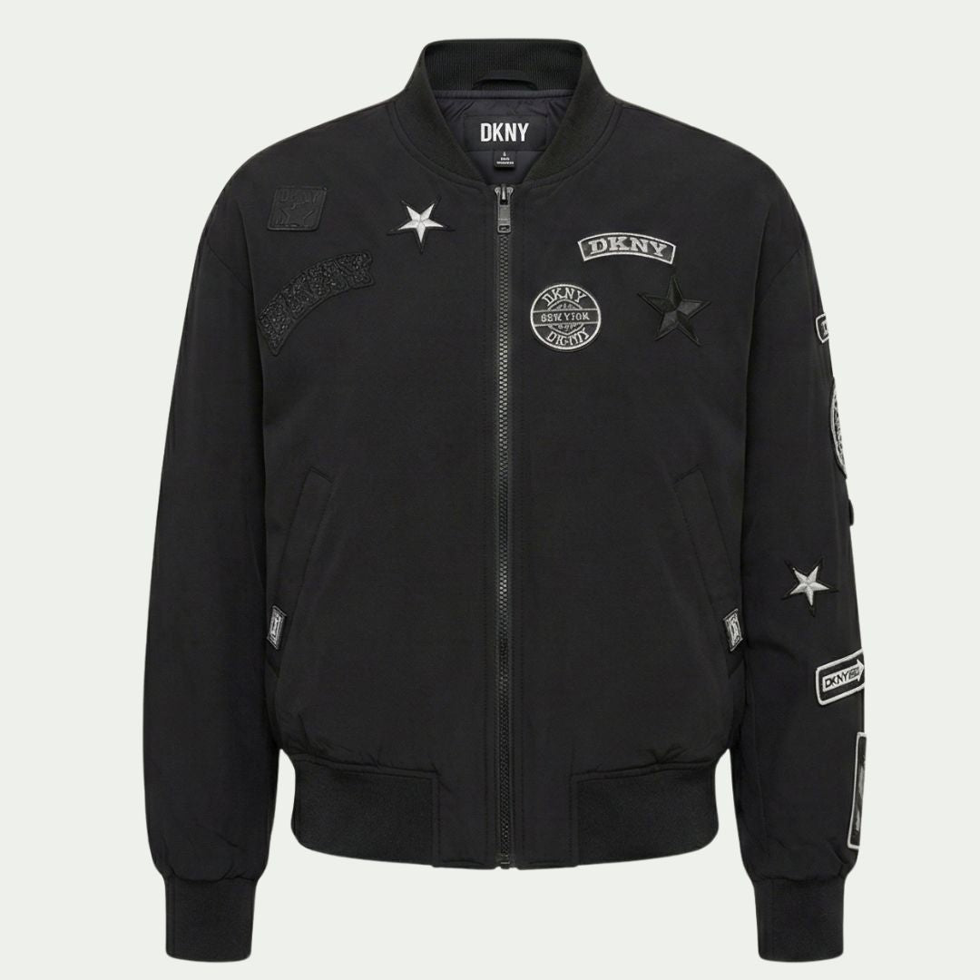 DKNY Women's Pins and Patches Bomber Jacket Collared Polyester Black