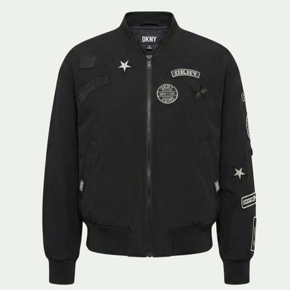 DKNY Women's Pins and Patches Bomber Jacket Collared Polyester Black