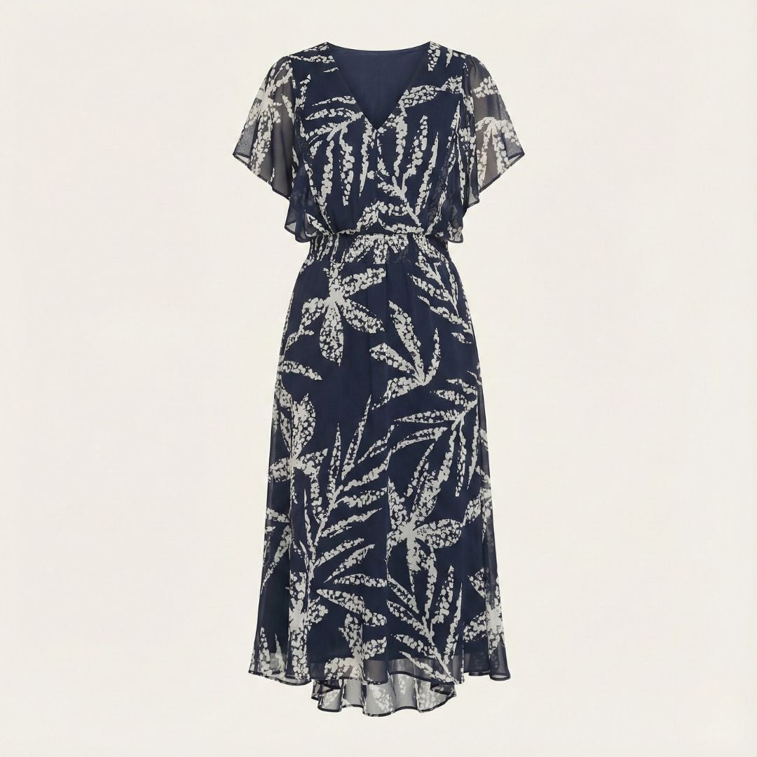 DKNY Women’s Printed Chiffon Flutter-Sleeve Midi Dress – Light, Feminine & Event-Ready