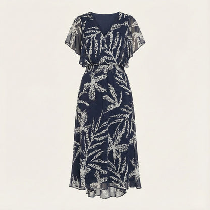 DKNY Women’s Printed Chiffon Flutter-Sleeve Midi Dress – Light, Feminine & Event-Ready