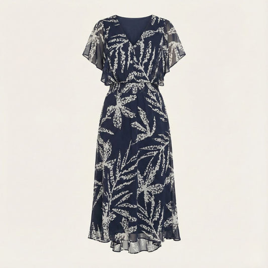 DKNY Women’s Printed Chiffon Flutter-Sleeve Midi Dress – Light, Feminine & Event-Ready