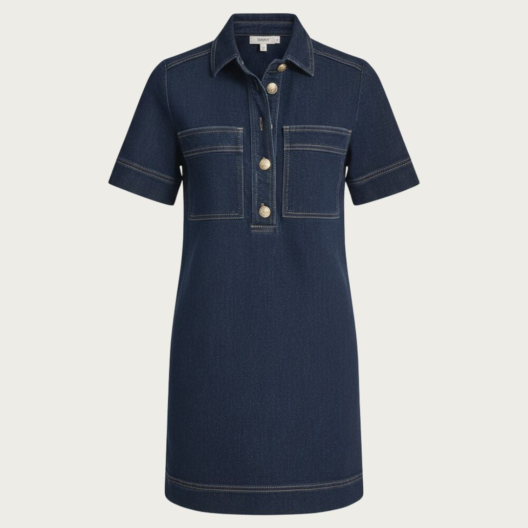 DKNY Women's Denim Mini Shift Dress Short Sleeve Gold Button Detail Black