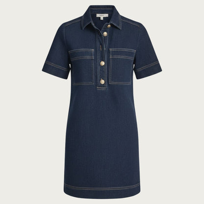 DKNY Women's Denim Mini Shift Dress Short Sleeve Gold Button Detail Black