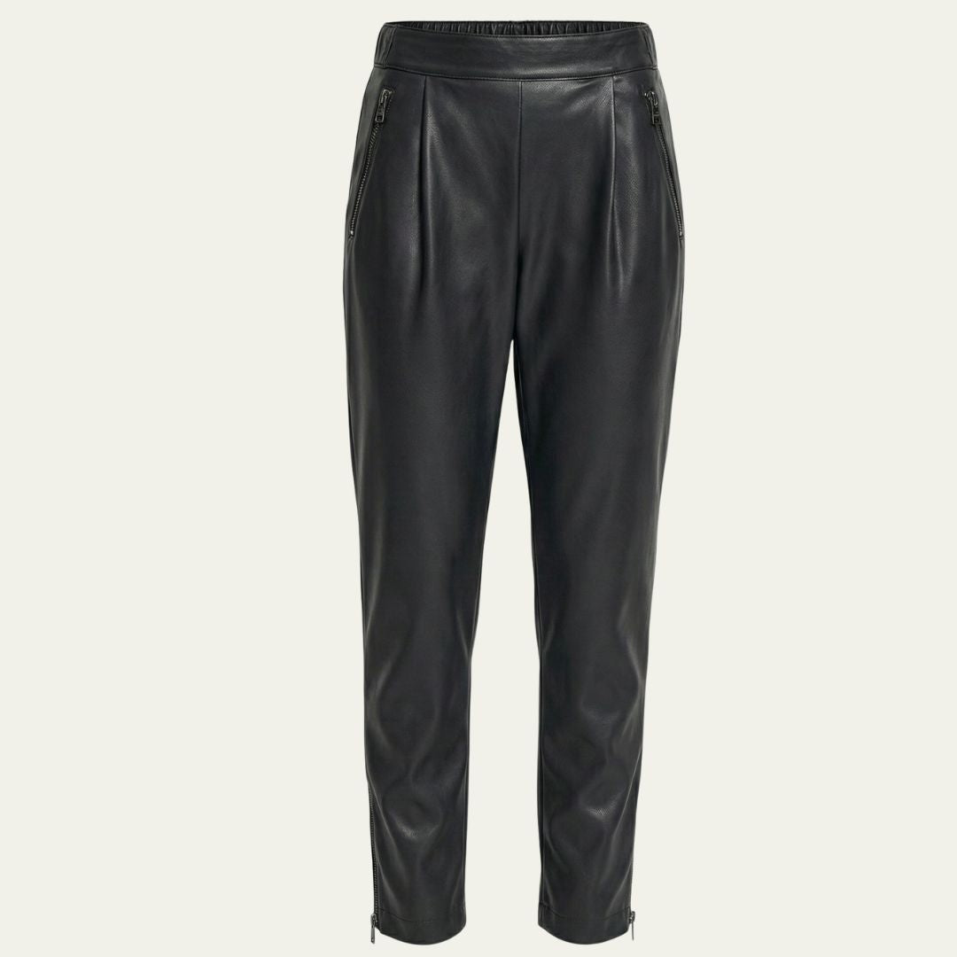 DKNY Women's Faux Leather Tapered Pants Zip Hem Elastic Waist Black