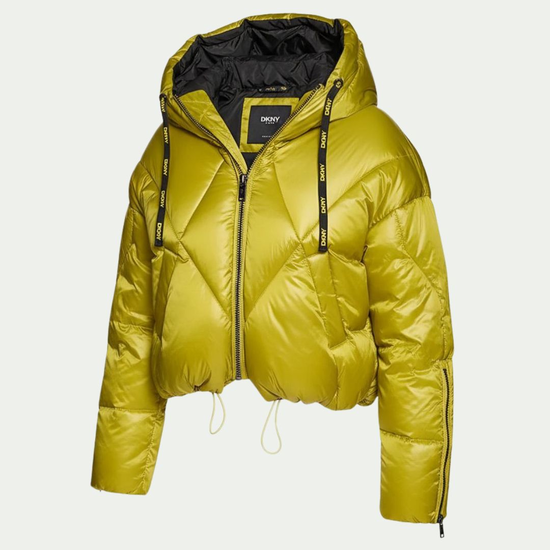 Yellow puffer jacket with brand logo on a light gray background