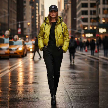 DKNY Women’s Front Zip Cropped Puffer Jacket – Modern Warmth with City-Chic Edge