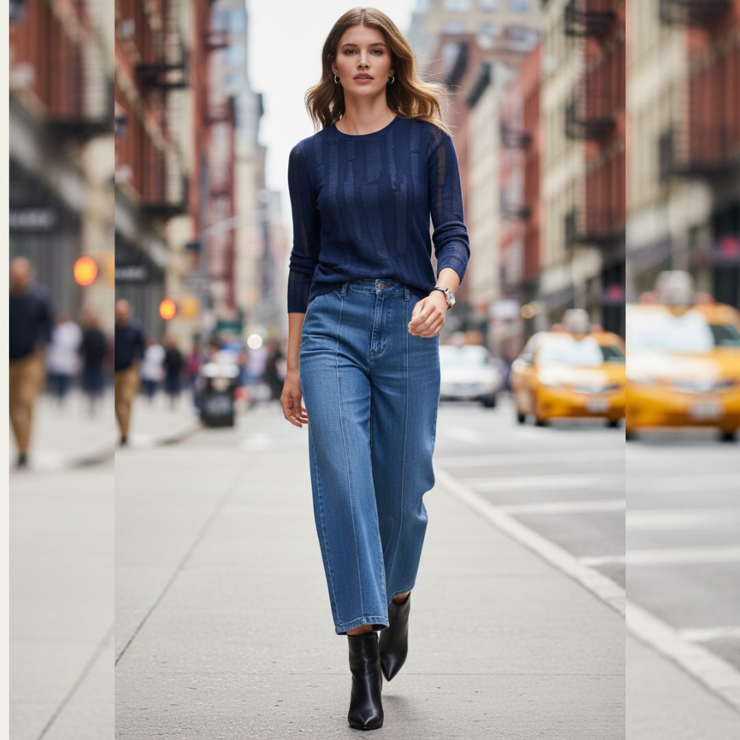 DKNY Women's Layered Mixed Stitch Sweater Crewneck Recycled Blend Blue Black